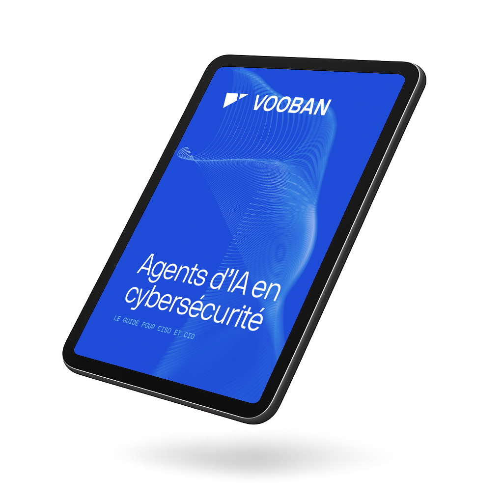 Tablette affichant la couverture de l’eBook « Agents d’IA en cybersécurité » de Vooban.